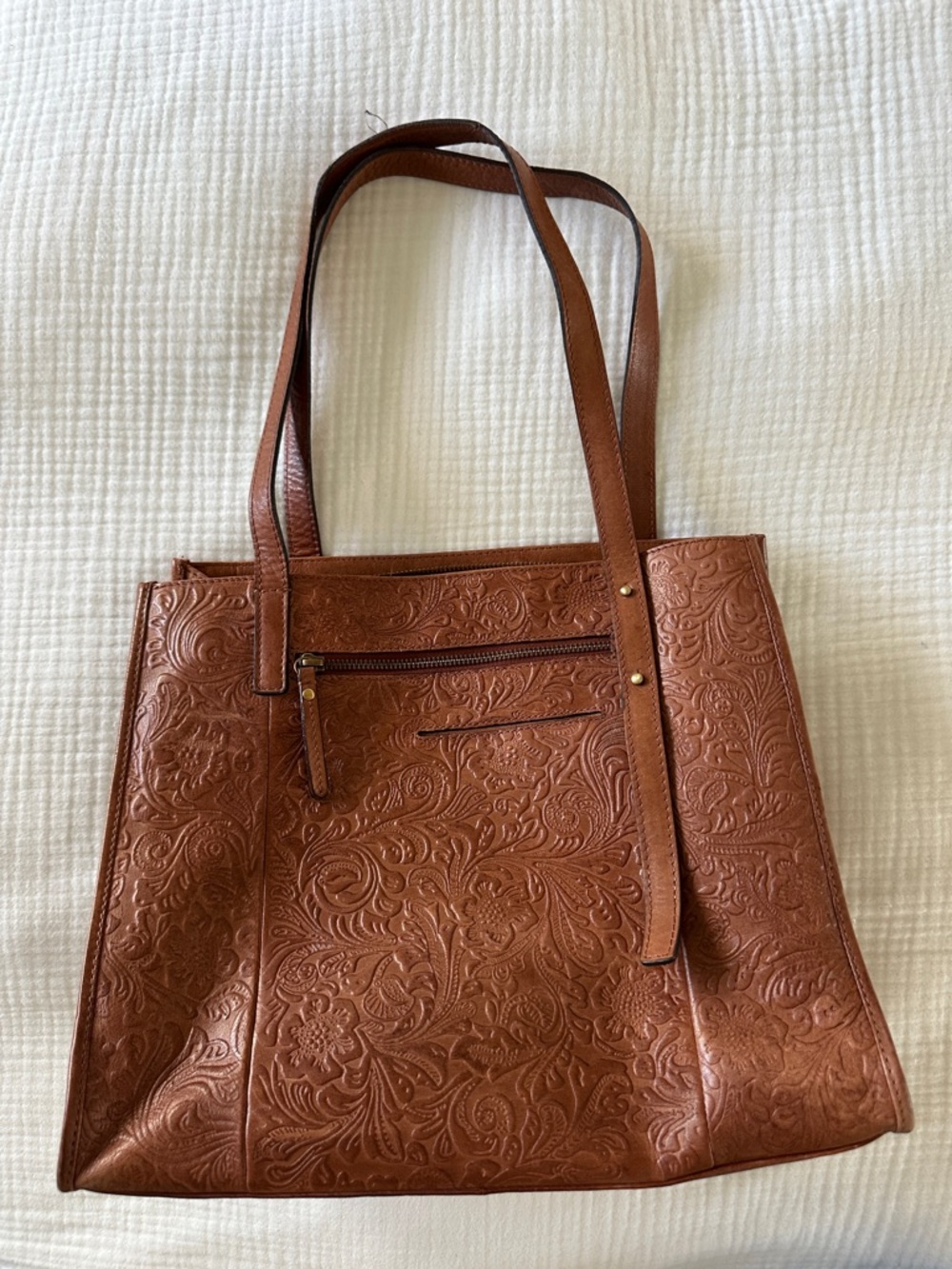 Embossed Floral Tan Tote Bag - Classic Women's Shoulder Bag